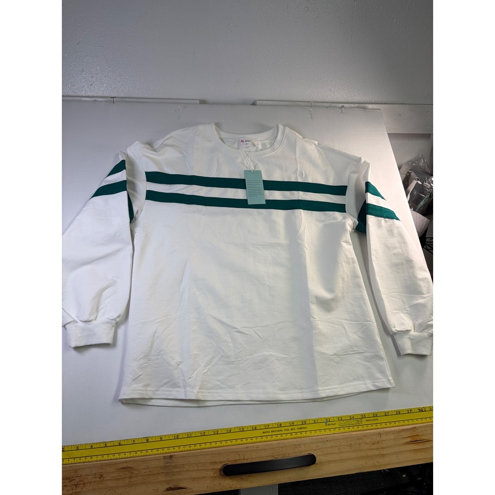 WIHOLL Womens White Green Striped Long Sleeve Crew Neck Pullover Top Size M NWT